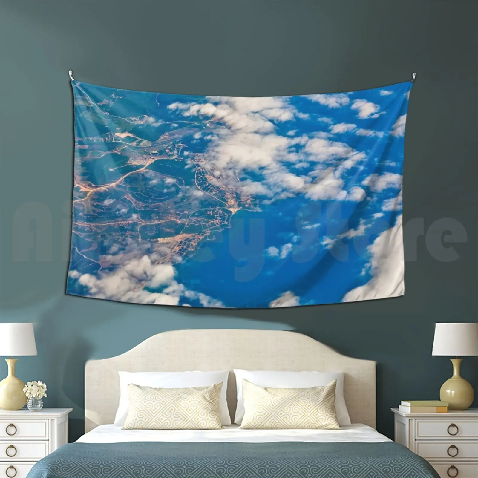 The View From The Plane Tapestry Living Room Bedroom 1932 Alps Mountian Sky Flight Space Earth Blue Black