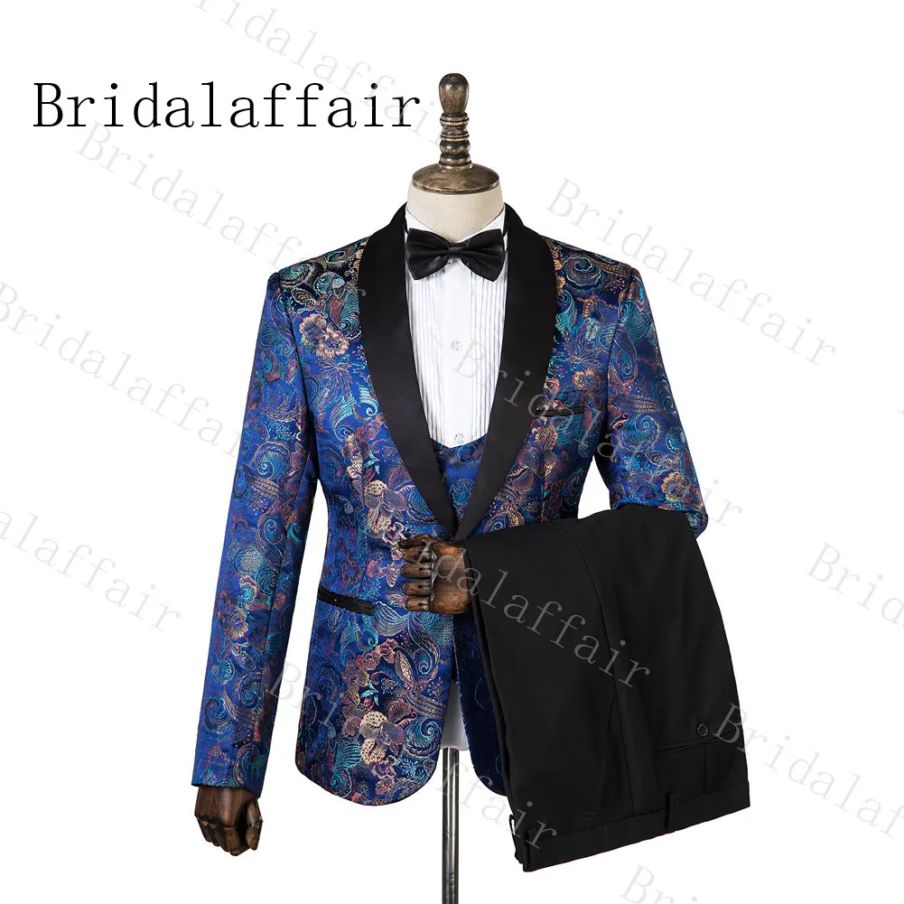 

Bridalaffair 2019 Winter New Wedding Men Suits Gentleman Shawl Lapel Slim Fit Navy Blue Suits with Colorful Jacqaurd Blazer