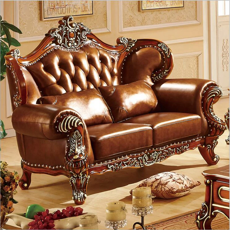 high quality  European  antique living room sofa furniture genuine leather set p10304