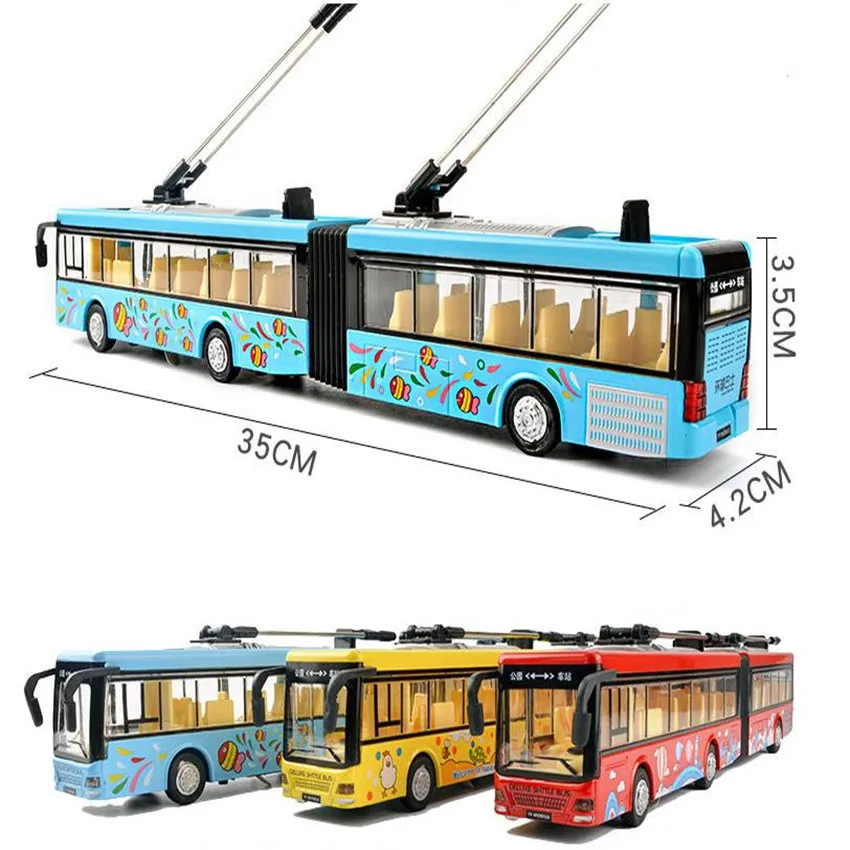 Double tram bus model,1:50 alloy pull back Double section bus,High-quality sound and light music children\'s toys