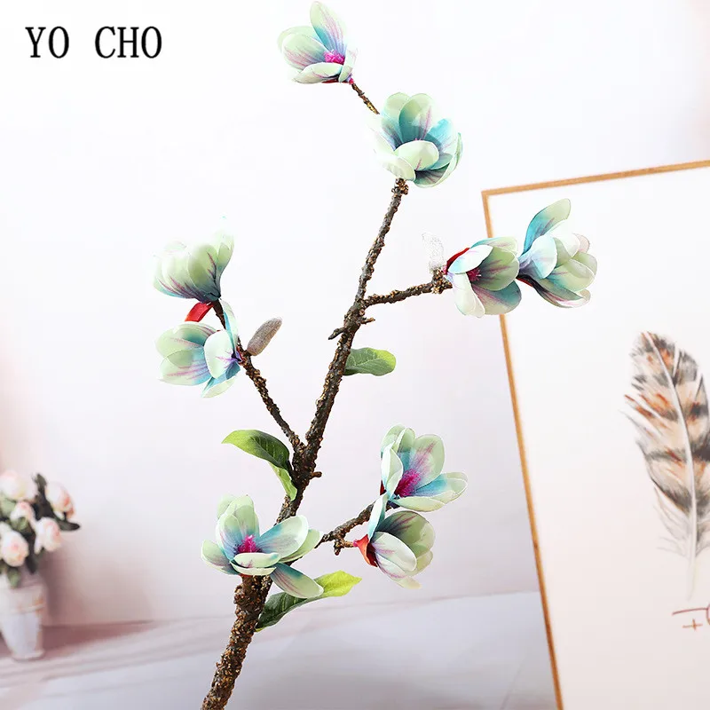 YO CHO 9 Heads Magnolia Artificial Silk Flowers Wedding Christmas Living Room Decoration Flores Long Stem Artificial Faux Flores