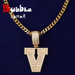 Single Solid Letters Big Zircon Baguette Pendant Hip Hop Gold Color Necklace Jewelry