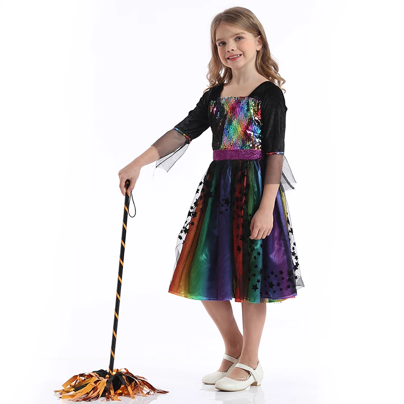 Rainbow Witch Costume With Hat Girls Glitter Star Wicked Princess Dress Girl Fairytale Pretend Set Kids Party Dress