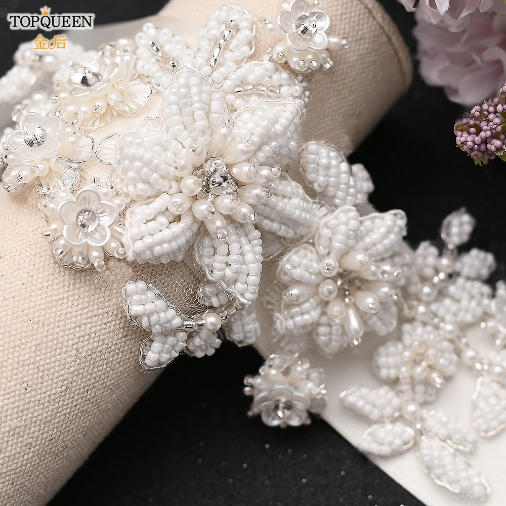 TOPQUEEN S484 Bridal Belt Fashion Wedding Accessories White Pearl Beaded Flower Sash Women\'S Party Dresses Accessories Appliques