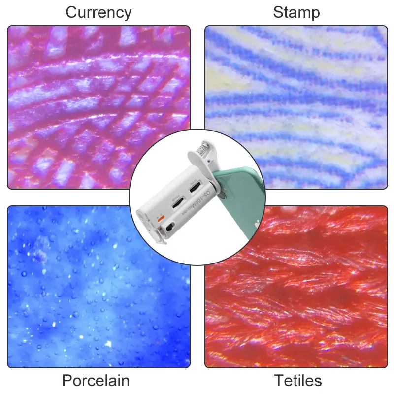 Mini Microscópio portátil com luz UV LED, lupa, Lupas Smartphone, Clip Universal, 60X-100X