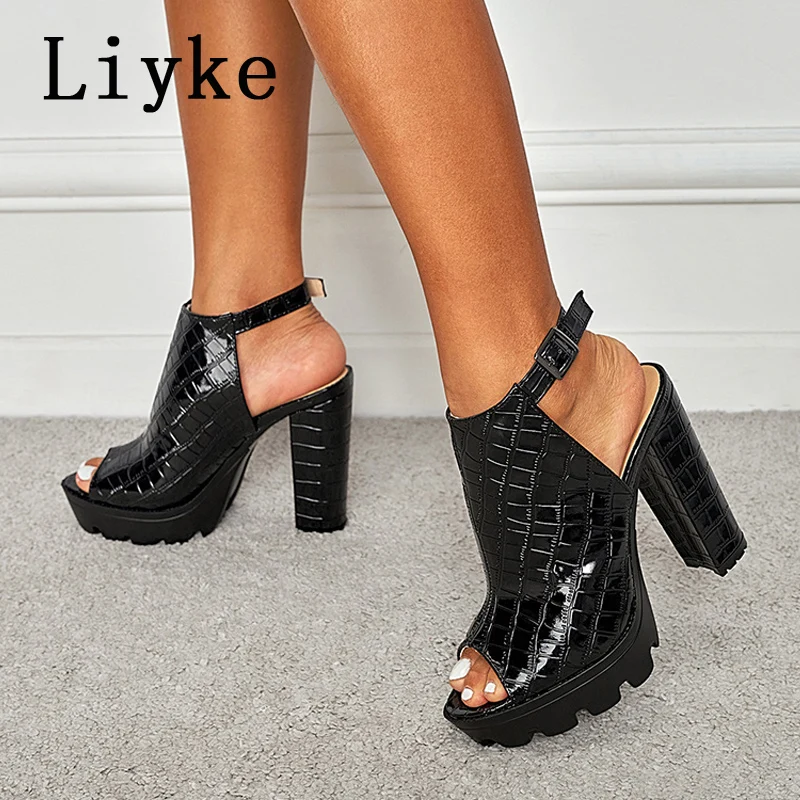 Liyke Summer Black Platform Sandals Women Gladiator Square High Heels Fashion Peep Toe Ankle Buckle Strap Ladies Shoes Sandalias