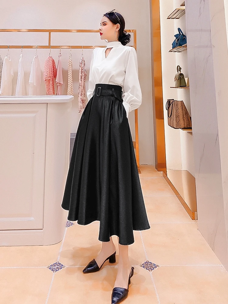 

Black Hepburn Skirt + White Satin Shirt Female Korean Chic Autumn Winter High Waist Retro Mid-length A-line Skirt 2 Piece Set
