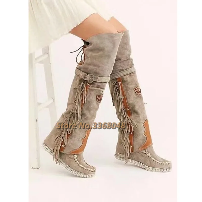 Frangia piatta con stivali sopra il ginocchio Filo da cucire Pelle scamosciata Punta tonda Gladiatore Roma Stivali Casual Scarpe da passerella