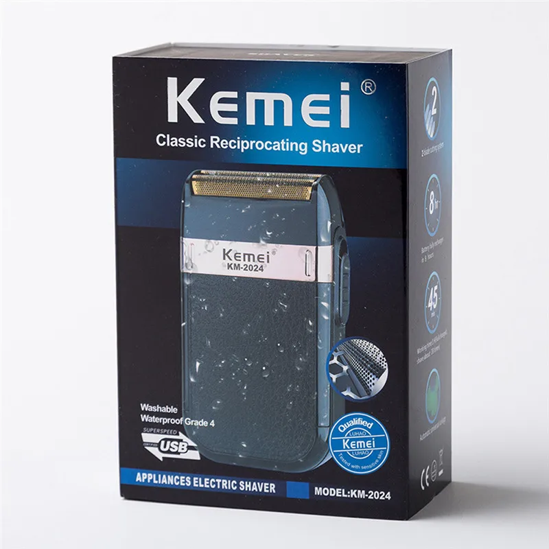 Kemei-barbeador elétrico masculino, barba, lâmina dupla, recarregável, usb, lavável