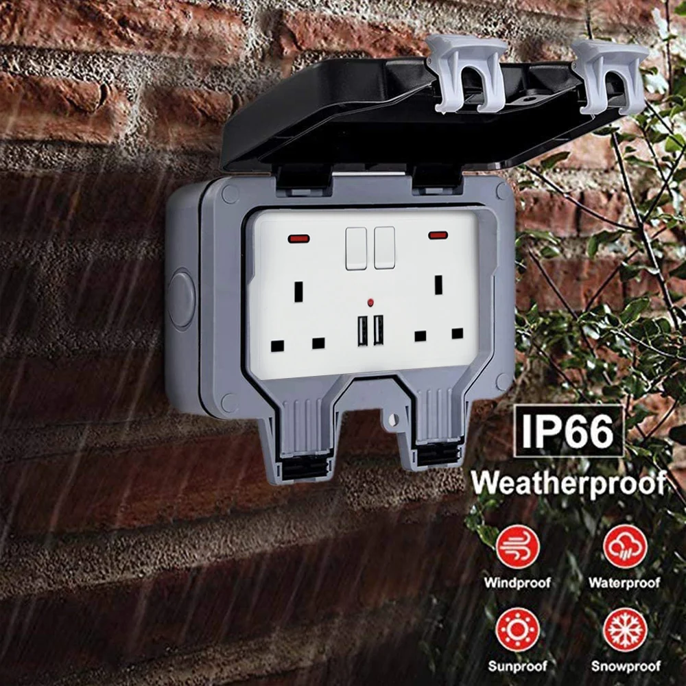 

UK Plug IP66 Weatherproof Outdoor Socket 13A USB Wall Electrical Outlets AC220V-250V Switched Socket Covers For Indoor Garden