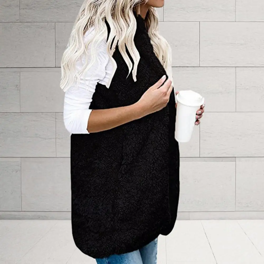 Women Vest Solid Color Pockets Autumn Winter Warm Double-sided Fluffy Pure Color Vest for Daily Wear