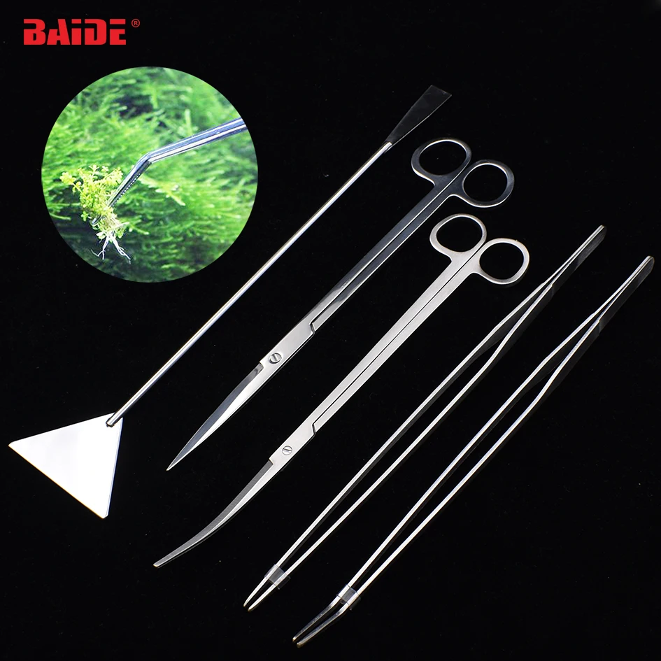 5 in 1 Aquarium Tools Set Stainless Steel Curved Scissors 27cm Tweezers for Big Fish Tank Aquatic Plant Cleaning Tool 10set/lot