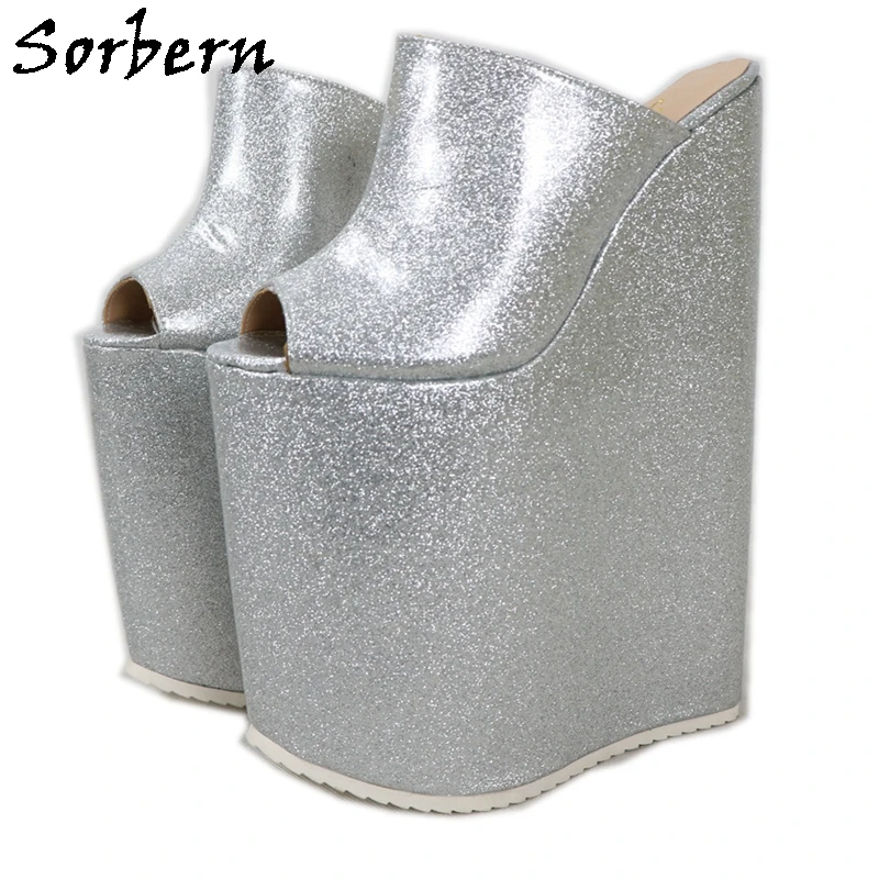 Sorbern Silver Peep Toe Sandals Women 25 Cm High Heel Wedge Mules Platform Shoes Designer Sandals Slip On Custom Colors