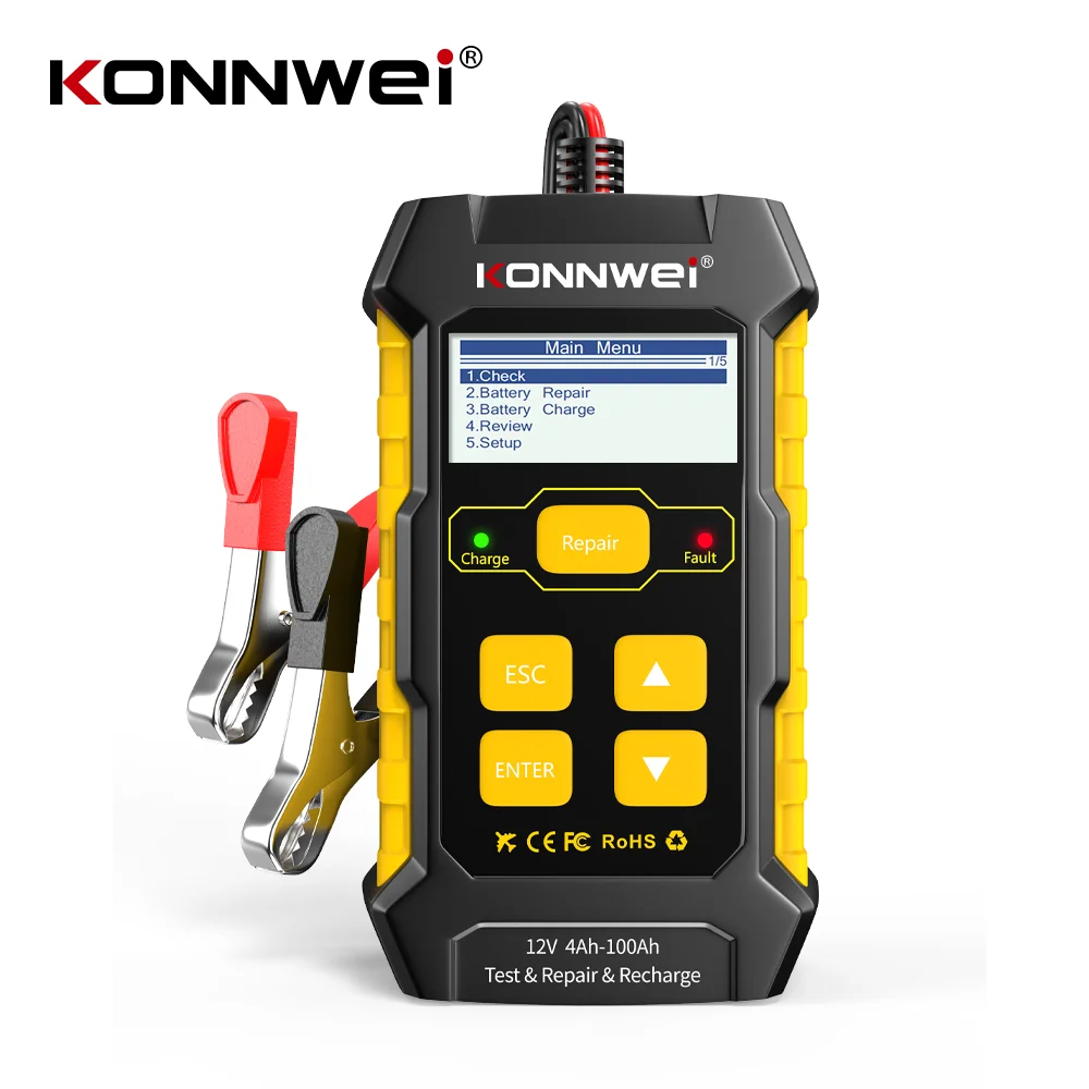 KONNWEI KW510 Professional Car Battery Tester Charger Tester 12V Motor Fixing Tool 5A Gel Battery Charger Power Bank Pulse AGM