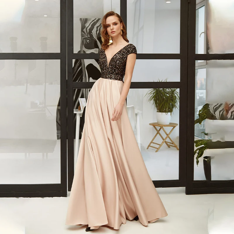 

Black Sequine And Champagne Long A Line Prom Dresses Deep V-neck Formal Women Cloth Evening Party Wear