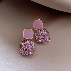 S925 Silver Needle Purple Personality Square Rhinestone Dripping Oil New Temperament Net Red Earrings Wedding Gift Jewelry