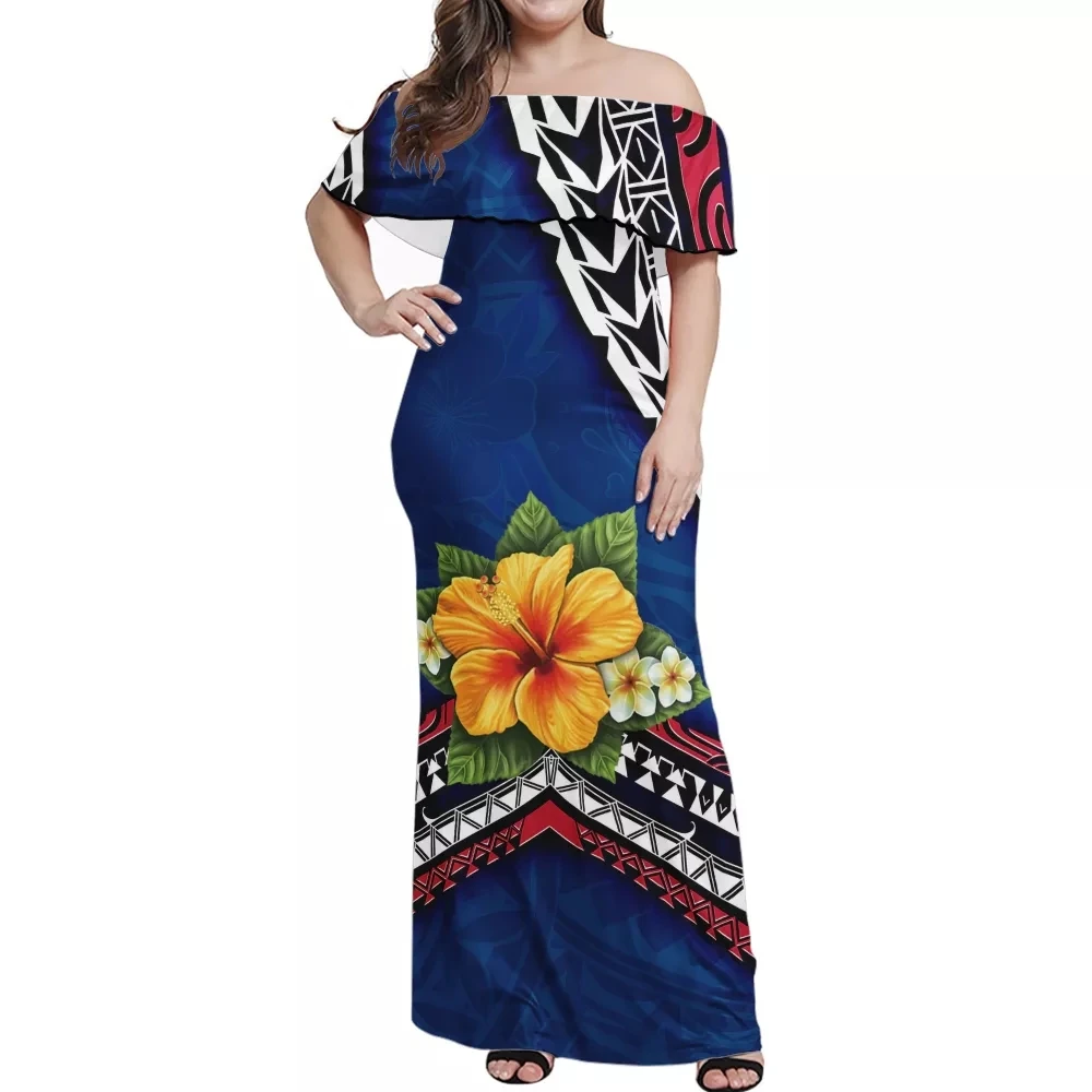 Hycool Polynesian Tribal Women Navy Dress Sexy Elegant Off-Shoulder Floral Evening Dress Hibiscu Print Ladies Sundress Summer