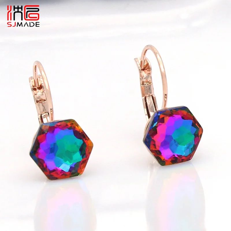 SHENJIANG Fashion Hexagon Honeycomb Crystal Dangle Earrings For Women Wedding Party Rose Gold Color Jewelry