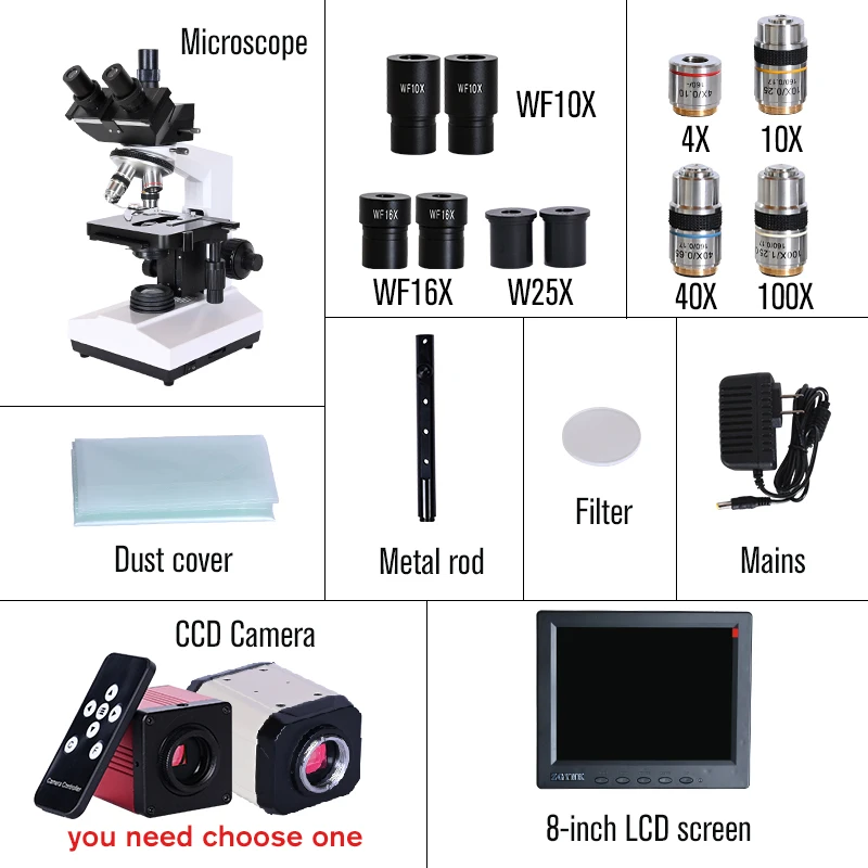 1500X-3000X Trinocular Optical Bio HD Microscope + USB HDMI VGA CVBS Electronic Digital CCD Camera + 8” LCD