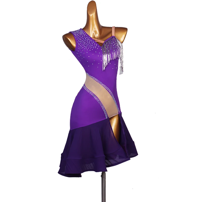 

2023 New Purple Professional Latin Dance Competition Skirt Sexy Adult Women Ballroom Party Tassel Dress Girls' Large Size Custom