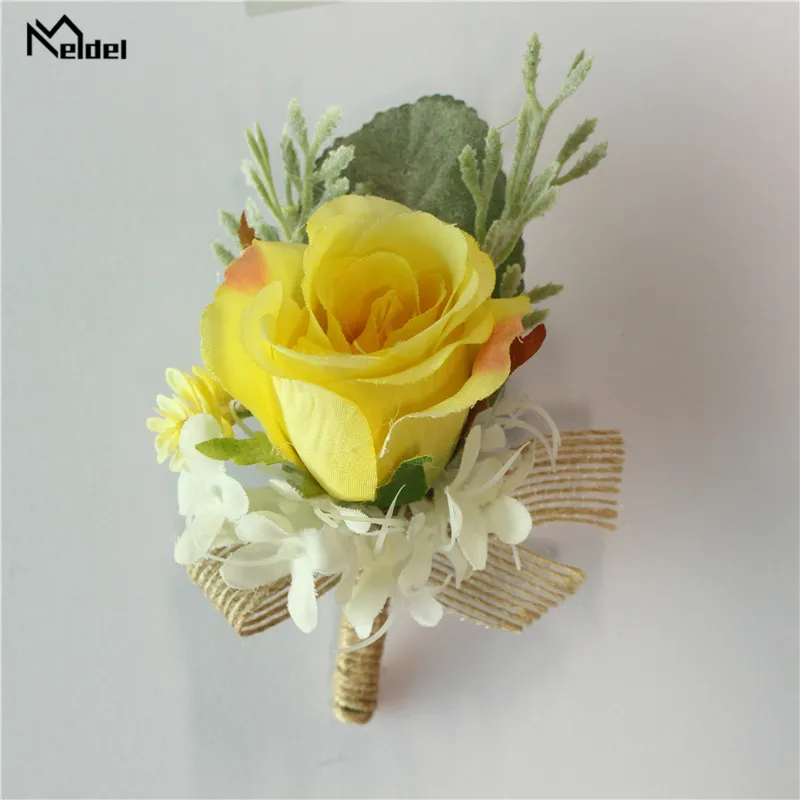 Meldel Boutonniere 신랑 Corsage 신부 손목 Corsage 팔찌 노란색 인공 실크 은방울꽃, 웨딩 용품