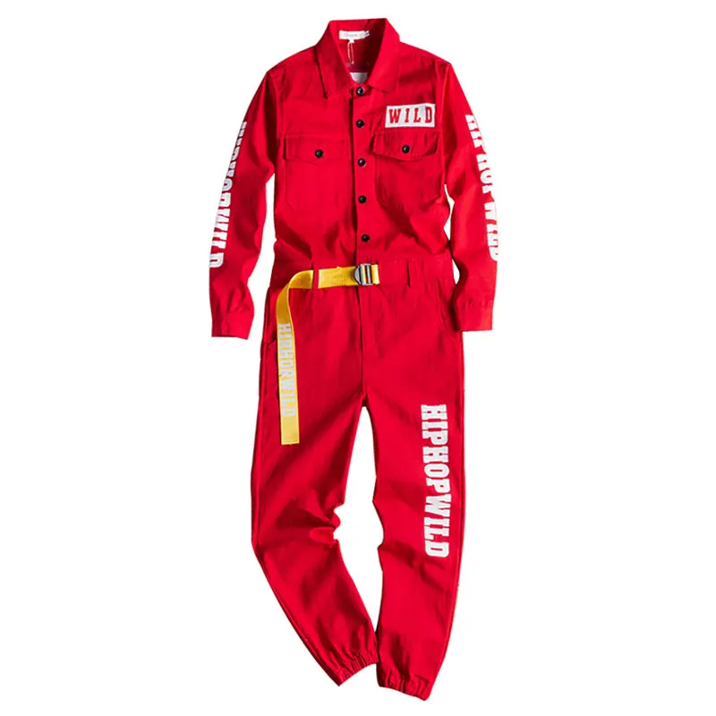 

Spring Overalls Men Jumpsuit Cotton Letter Print Beam Feet Coverall Pants Multi Pocket Workwear Yellow Red Loose Trousers