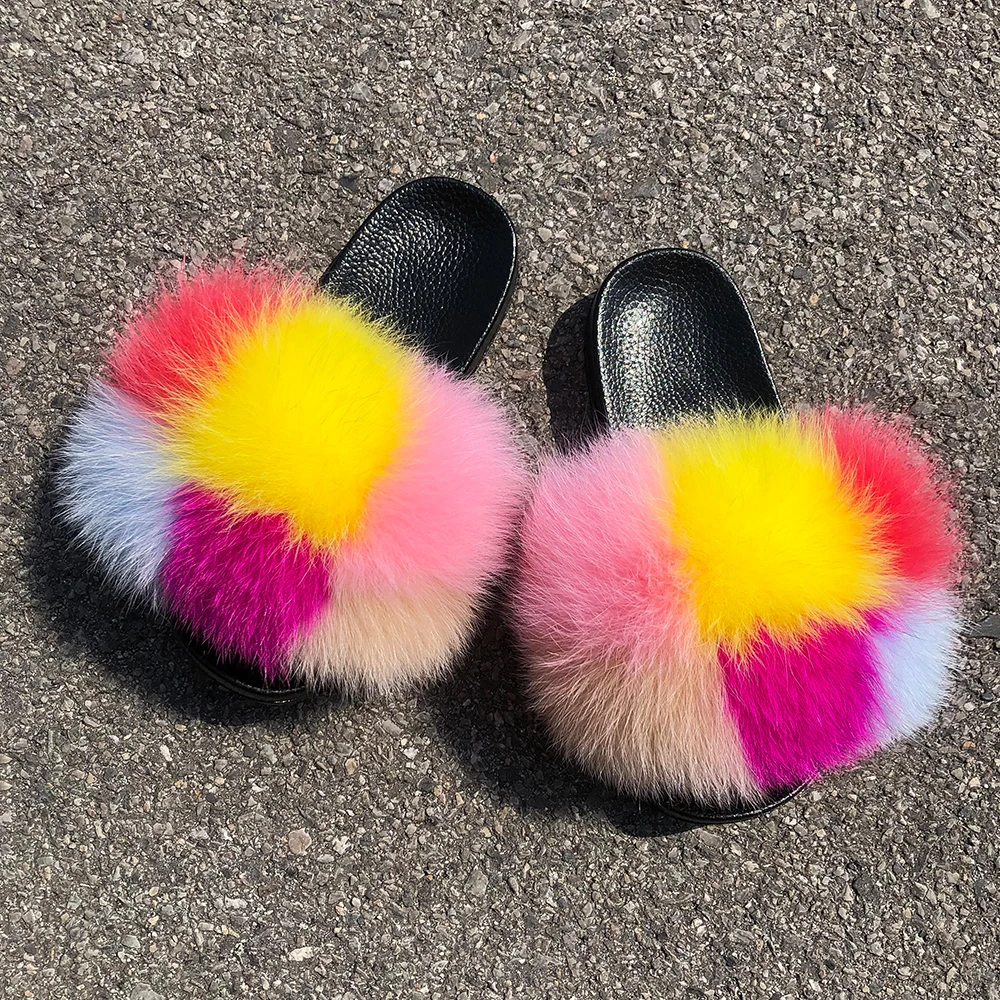 Fluffy Flip Flops Real Fox Fur Slippers Ladies Furry Fur Slides Plush Beach Slippers Flat Heel Summer Sandals Women House Shoes