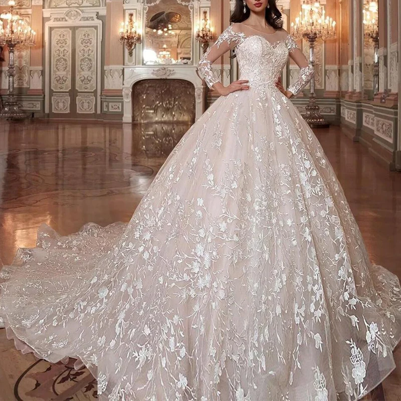 

Dubai Arabic Princesse Ball Gown Wedding Dresses 2022 Elegant Lace Applique Shiny Bridal Gowns Custom Made