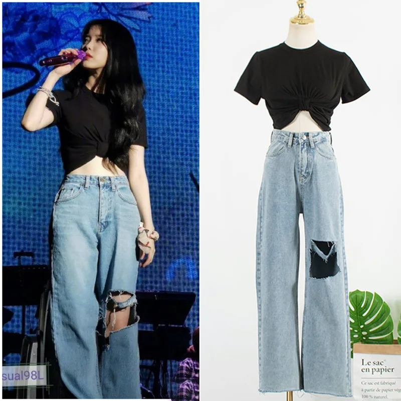 kpop IU Lee Ji Eun Summer New Black Short Sexy Slim O-Neck Tshirt Tops+Blue Loose Hole Wide Leg Jeans Women Casual Two-Piece Set