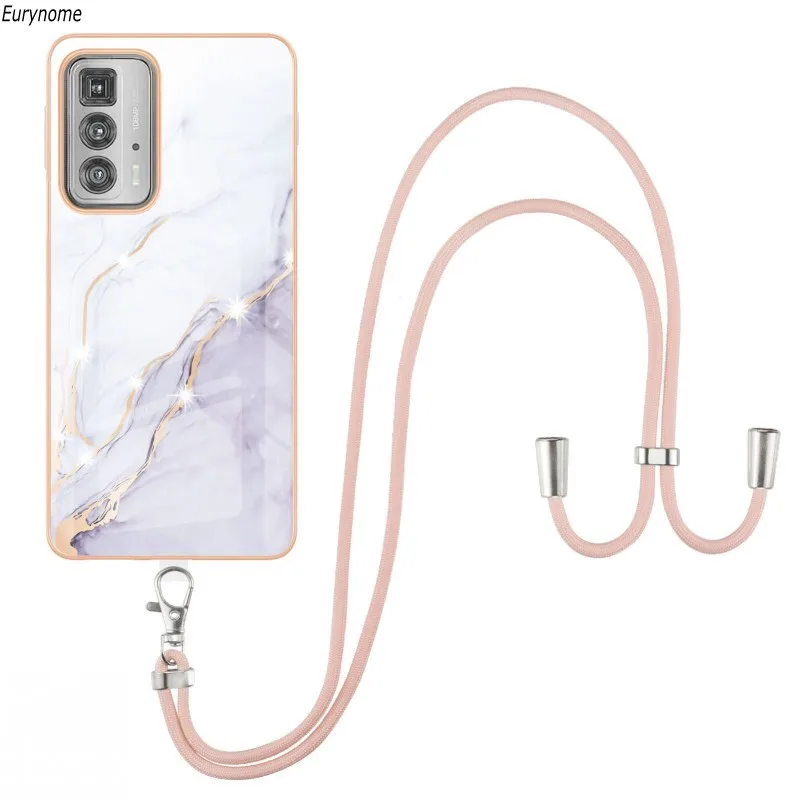 

Crossbody Strap Case For Motorola Moto Edge 20 Pro High Quality Marble IMD Necklace Lanyard Cover For Moto Edge 20 Lite Fundas