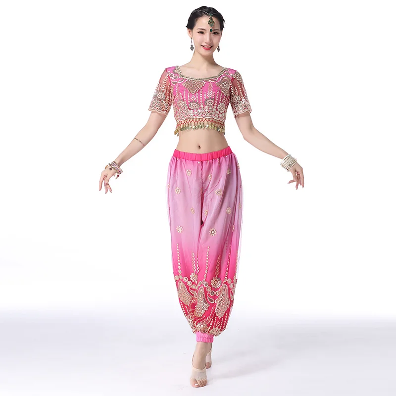 Indian Dance Costume Bollywood Style Women Adult Sexy Belly Dance Set  India Clothing Tops Hanging Coins Lace Up Wide Leg Pants