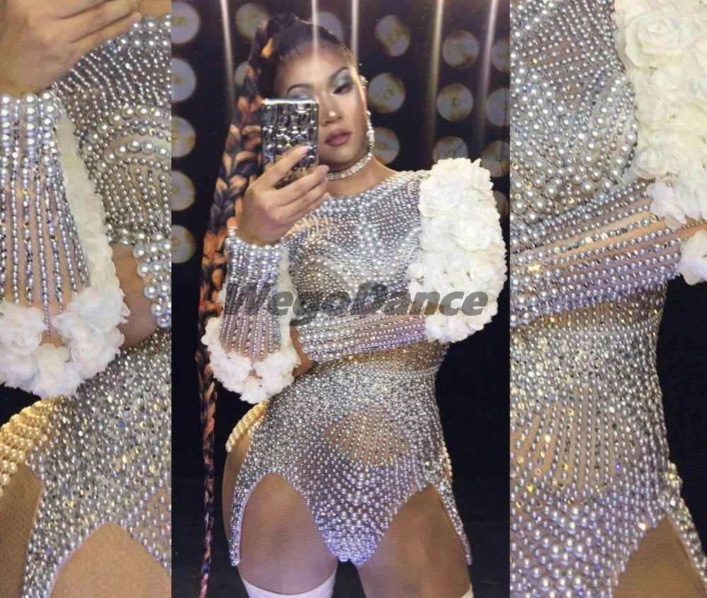 Sexy Performance Women Singer Leotard Stage Wear Beyonce Stretch Outfit Super Pearls Rhinestones Flower Playsuits