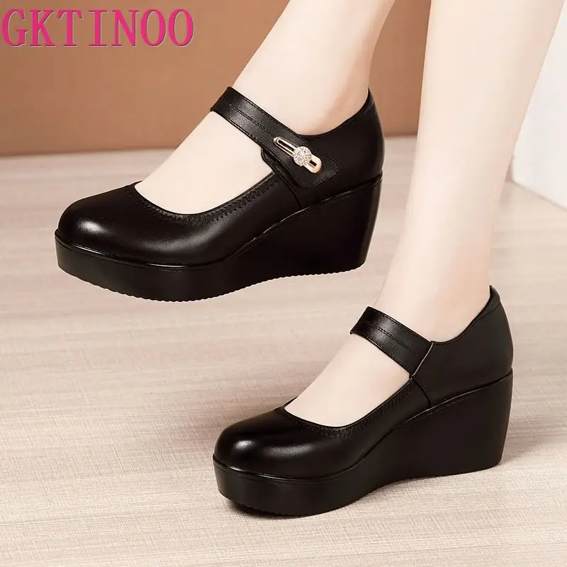 GKTINOO 2024 Spring Leather Shoes Women Platform Wedges Shoe High Heels Round Toe Comfortable Black Women Pumps Large Size 33-43