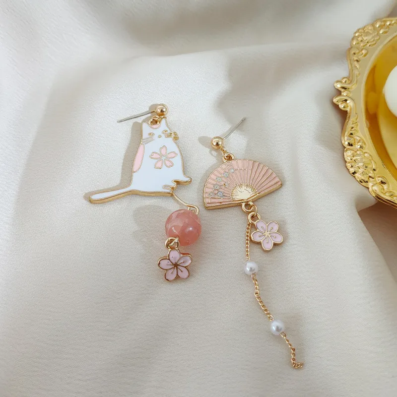 Chinese Style Folding Fan Crane Carp Lotus Asymmetrical Long Tassel Dangle National Style Earrings for Women Jewelry Gift