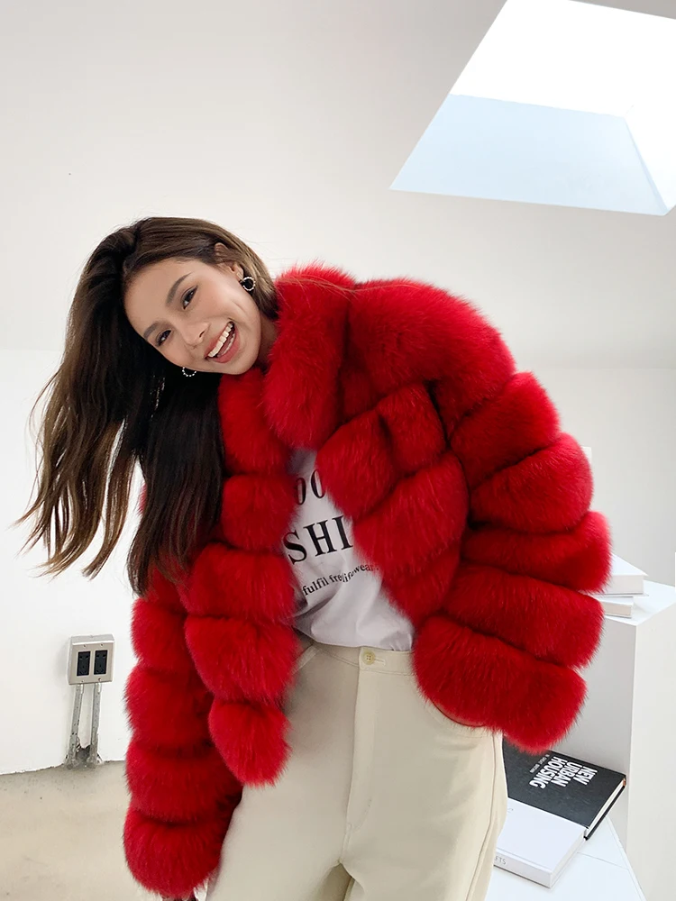 Winter Women Real Fox Fur Coats with Stand Collar Natural Whole Skin Genuine Fox Fur Jacket Female Outwear Luxury Fur Overcoats