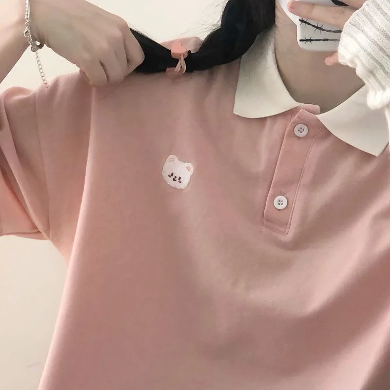 Pink Tee Bear Embroidery Polo Shirts Female Women Cotton Tshirt Short Sleeve Kawaii Cute T-shirt Loose Oversized T shirt Teens