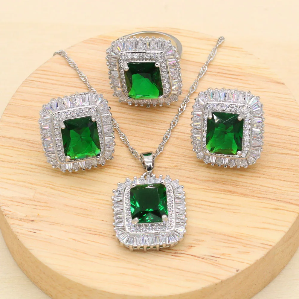 2022 New Green Stones Cubic Zirconia Silver Jewelry Sets For Women Earring Pendant Necklace Ring Bracelet Big Square