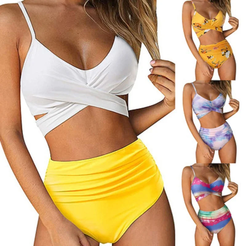 

Women's high-waisted bikini Sexy Cross bandage solid swimsuit Oversized bikini Beach high-waisted swimsuit