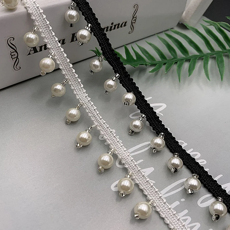 2Yards Pearl Fringe Beaded Lace Trim Garment Dress Tassel Lace Decor Shoes Ornaments White Black Hanging Bead Curtain For Sewing