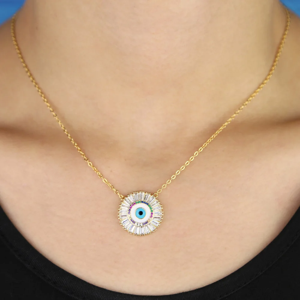 Boho Bohemia Round disco Turkish evil eye pendant necklace gold silver color rectangle rainbow cz eye jewelry