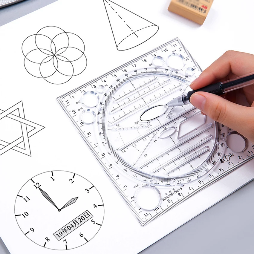 Multifunction Rotatable Drawing Template Art Design Construction Architect Stereo Geometry Circle Drafting Measuring Scale Ruler