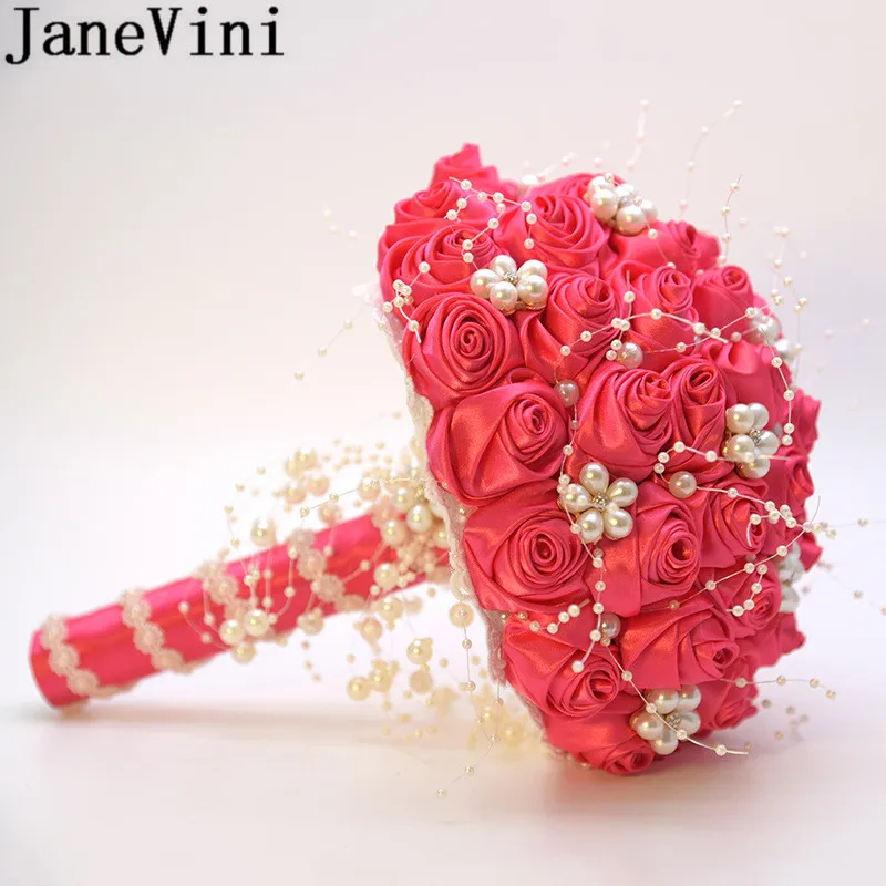 JaneVini 2020 ใหม่ดอกไม้ซาตินไข่มุกสีชมพู Wedding Bouquet คริสตัลเจ้าสาว Fleur artificielle สีขาวเข็มกลัด