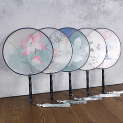 Chinese Style Round Fan with Wooden Handle Portable Printed Vintage Fan Dance Wedding Favors