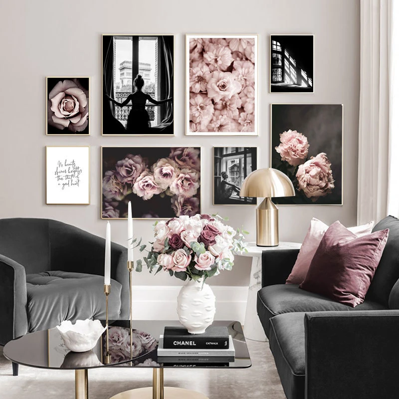 Scandinavian Fashion Pink Flower Poster Sexy Girl Nordic Style Wall Art Canvas Print Painting Modern Living Room Decor Picture