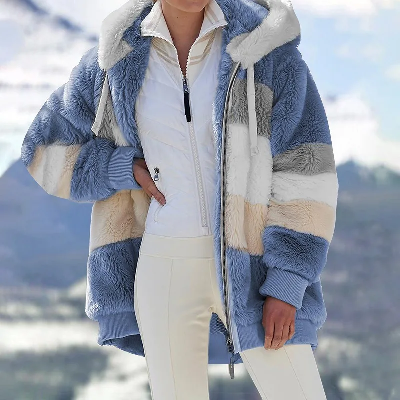 Abrigo de cachemira con capucha y cremallera para mujer, chaqueta informal con costuras a cuadros, moda de invierno, 2021