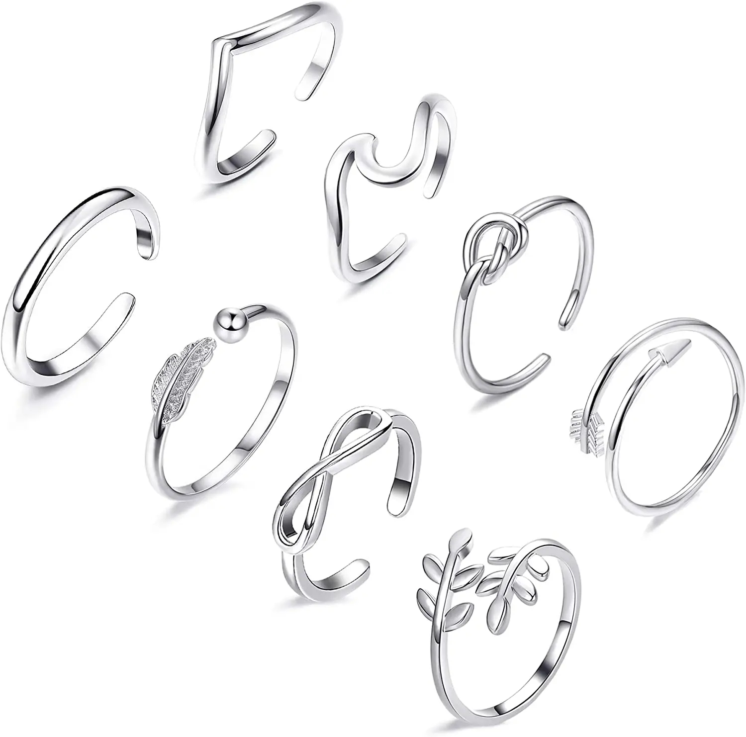 8PCS Toe Ring Stainless Steel Adjustable Summer Beach Arrow Knot Wave Rings Stackable Thumb Rings Hawaiian Foot Jewelry