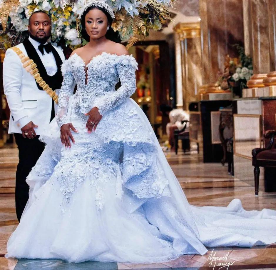 Customized Plus Size African Mermaid Wedding Dresses Detachable Train Arabic Aso Ebi Beaded Floral Ruffles Long Sleeve Bridal Go