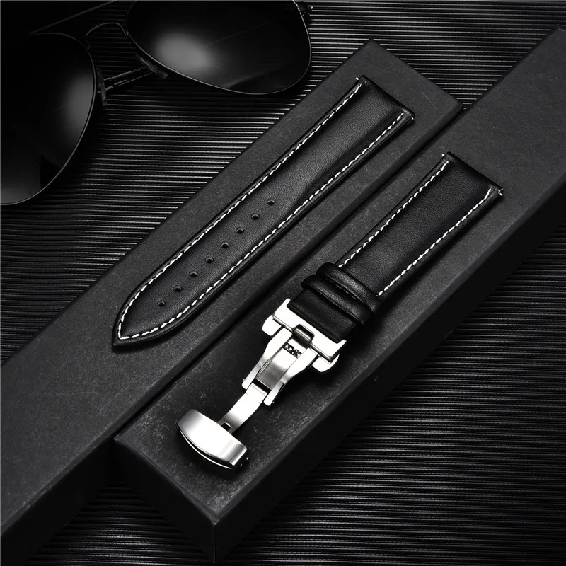 Leisure Leather Watchband 18mm 20mm 22mm 24mm Stainless Steel Butterfly Buckle Business Men Women Watch Band