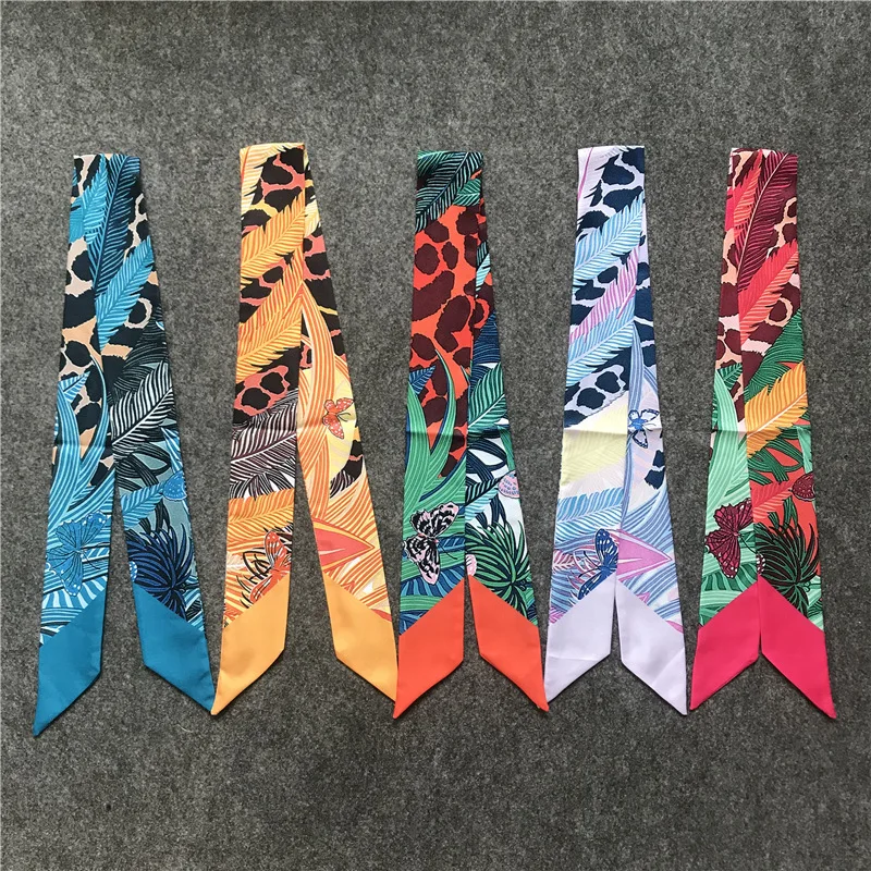 Colorful Butterfly Print Luxury Brand 5*100cm Scarfs Women Silk Scarf Bag Hair Skinny Scarves Design  5 Color