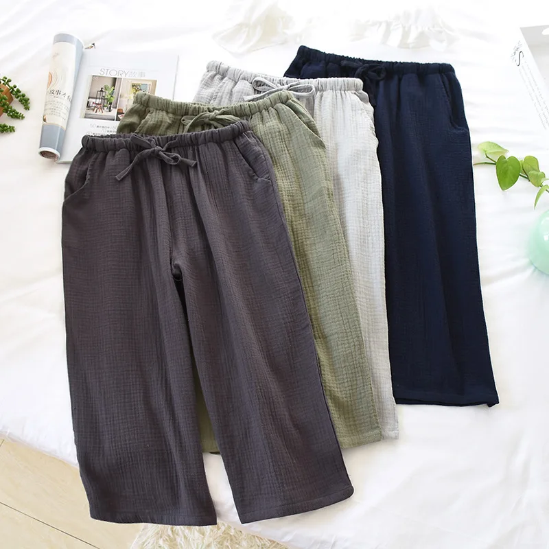 Men\'s Pajama Trousers Summer Cropped Pants Cotton Crepe Solid Color Plus Size Pajama Pants Mens See Through Sleepwear